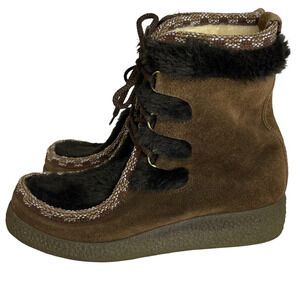 WOODBRIDGE Brown Suede Leather Faux Fur Trim Boho Wedge Heel Ankle Boots